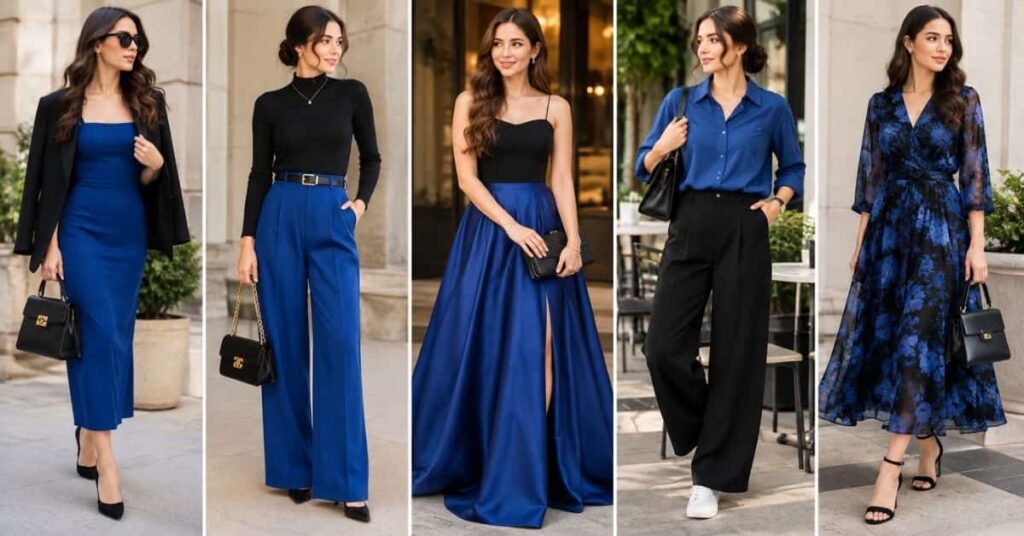 Elegant blue and black dress styling idea for women with a sophisticated fashion look.