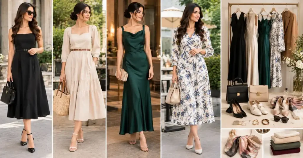 Building a timeless elegant wardrobe with classy dresses for ladies, versatile neutral styles, handbags, shoes, jewelry, and accessories.