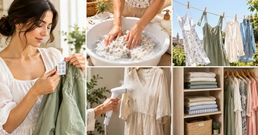 Caring for lightweight summer clothing with gentle washing, air drying, steaming, and organized storage
