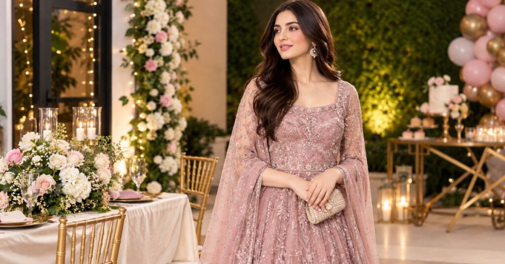 Celebration dress in an elegant embellished style for a special occasion.