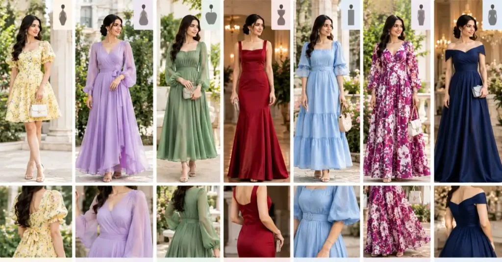 Elegant celebration dresses styled for different body shapes, including petite, pear, apple, hourglass, rectangle, tall, and curvy figures.