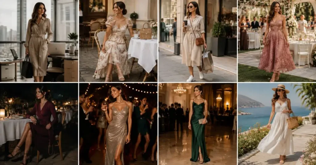 Chic dresses for women styled for different occasions, including office, brunch, casual outings, weddings, dinner dates, parties, evening events, and vacations.