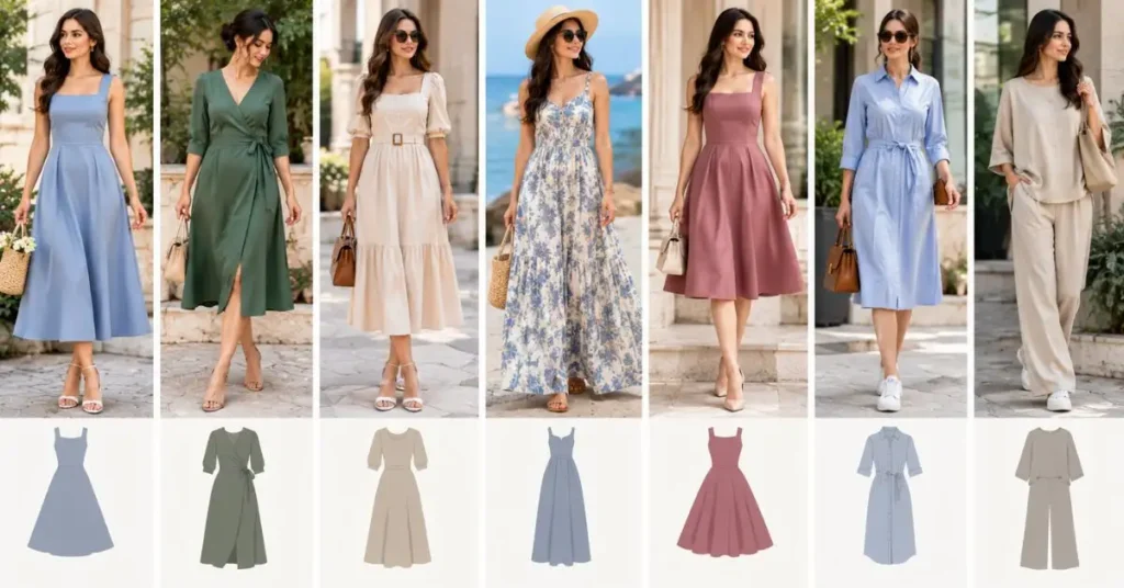 Women showcasing flattering A-line, wrap, midi, maxi, fit-and-flare, shirt, and relaxed silhouettes in stylish outfits.