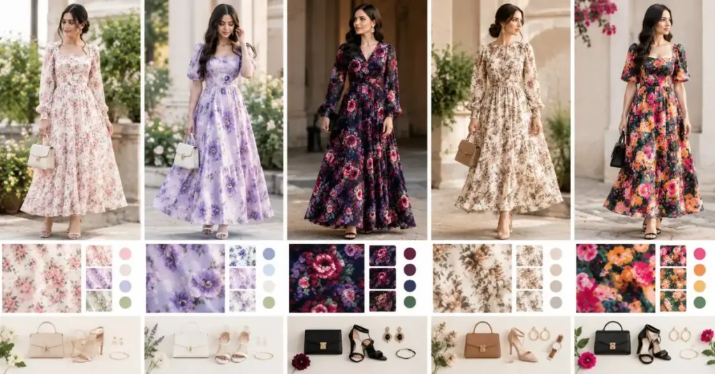 A wide fashion collage featuring women in floral dresses with varying print scales and colors, including soft pastel small prints, bold large blooms, deep jewel-toned florals, neutral botanical designs, and high-contrast vibrant patterns, styled with coordinated accessories and elegant backgrounds.