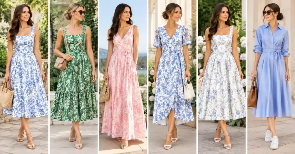 Elegant dress silhouettes including A-line, midi, maxi, wrap, fit-and-flare, and tailored shirt-style dresses modeled by women in floral and pastel designs for different occasions.