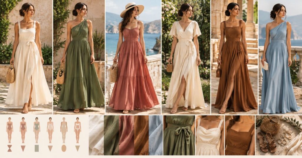 A wide, sunlit collage featuring women in Roman-inspired summer dresses with different silhouettes, including belted, flowing, and structured styles, designed to suit various body shapes, complemented by soft draping, natural fabrics, and minimal accessories in a Mediterranean-inspired setting.