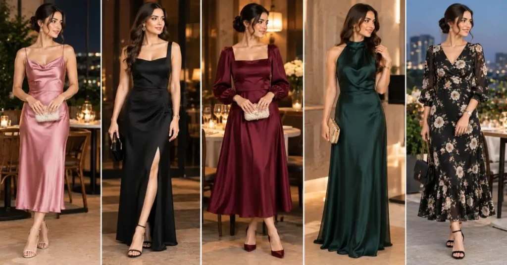 Classy evening and dinner dresses for ladies featuring elegant satin, black, burgundy, and emerald styles with refined accessories.