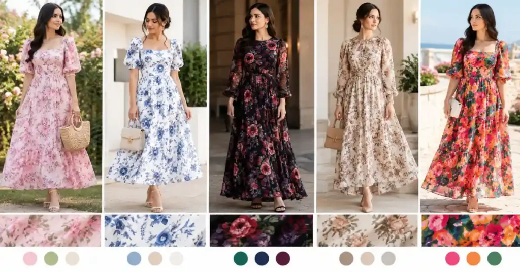 A wide editorial collage of five women wearing floral dresses in different styles, showcasing soft pastel prints, white floral patterns, dark jewel-toned florals, neutral-toned botanical designs, and bright vibrant floral outfits, styled with minimal accessories in elegant outdoor and architectural settings.