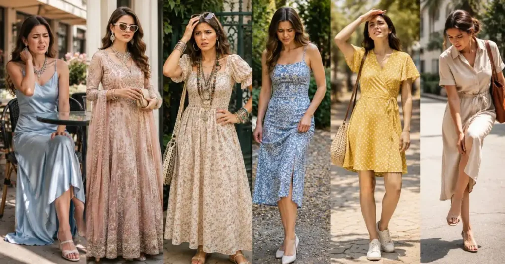 Women showcasing daytime dress styles while highlighting common styling mistakes such as uncomfortable fabrics, excessive accessories, unsuitable outfits, poor fit, and weather-inappropriate clothing.