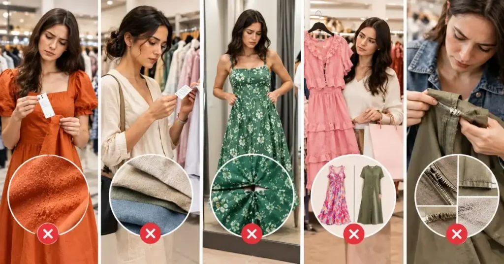 Common mistakes when shopping on a budget, including poor fabric quality, bad fit, excessive trend buying, and weak garment finishing.