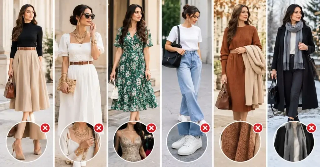 Common styling mistakes to avoid when choosing proportions, accessories, footwear, fabrics, and layers