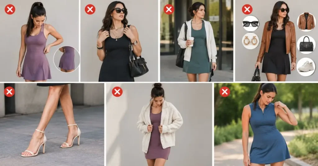 Fashion collage showing common styling mistakes to avoid when wearing a sporty dress, including poor fit, over-accessorizing, inappropriate casual styling, too many statement pieces, unsuitable footwear, bulky layering, and lack of comfort.