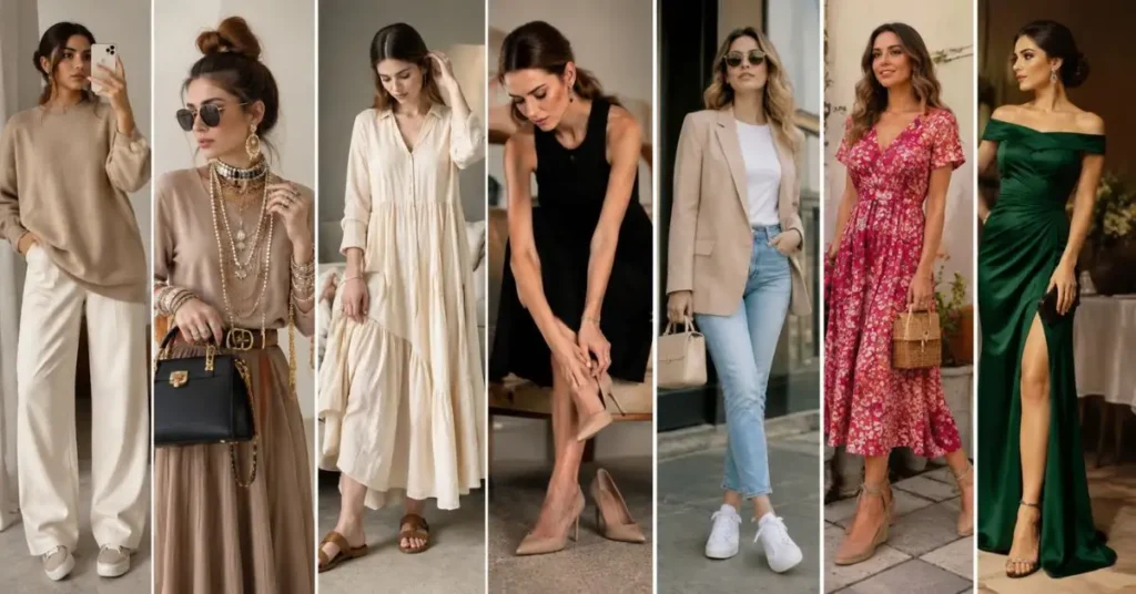 Common styling mistakes to avoid when wearing chic dresses for women, including poor fit, excessive accessories, unsuitable fabrics, uncomfortable footwear, too many colors, and inappropriate occasion styling.