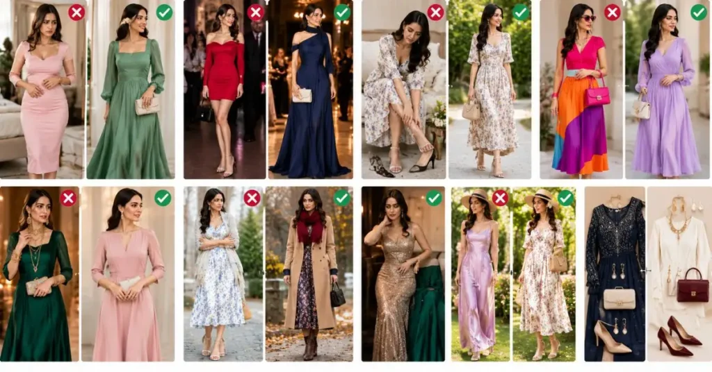 Common celebration dress styling mistakes, including poor fit, unsuitable footwear, over-accessorizing, clashing colors, and inappropriate outfits for the season or event.