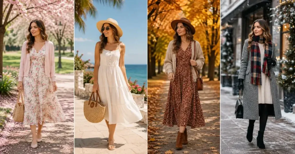 A woman wearing stylish daytime dresses for spring, summer, autumn, and winter, showing seasonal colors, fabrics, layers, and accessories.