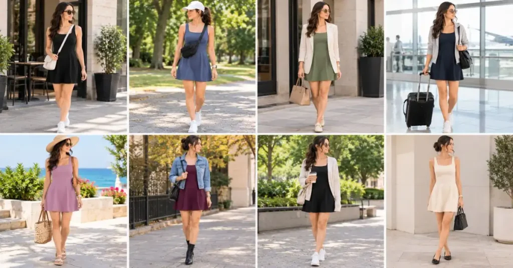 Different ways to style a Halara dress with sneakers, sandals, blazers, cardigans, bags, hats, and seasonal accessories.