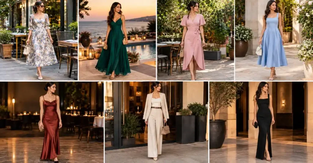 Elegant dinner outfits featuring sophisticated midi, maxi, wrap, A-line, slip-inspired, tailored, and minimalist evening styles for women.
