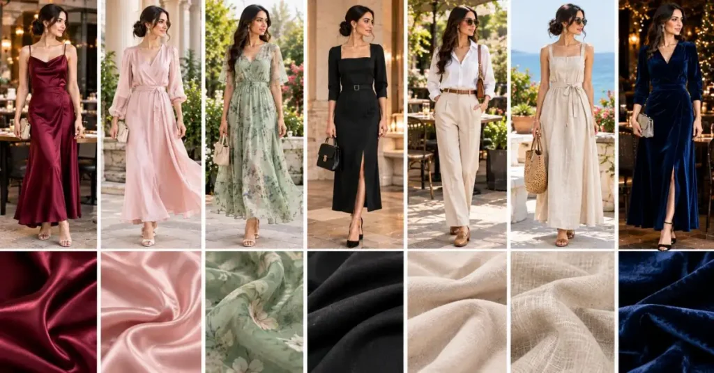Dinner outfit fabrics including satin, silk, chiffon, crepe, cotton blends, linen, and velvet, shown in elegant women’s evening styles.
