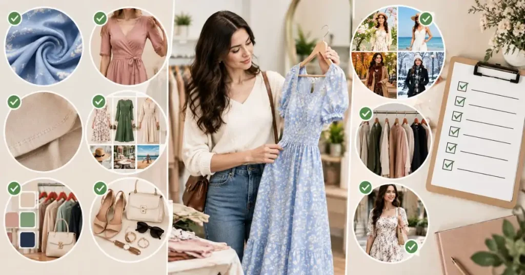 Final shopping checklist for affordable outfits, featuring fabric quality, proper fit, versatile styling, seasonal suitability, and wardrobe compatibility.