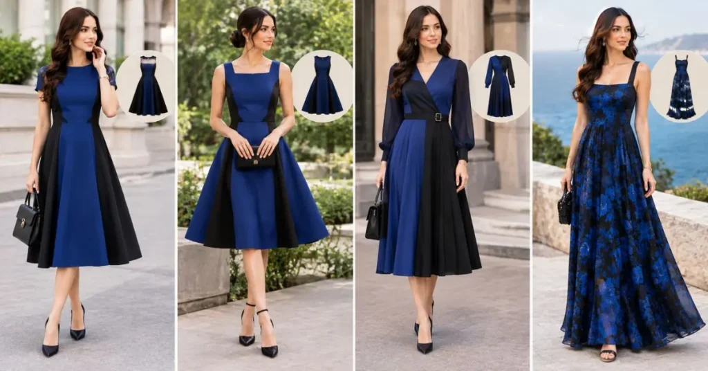 Blue and black dresses in different silhouettes, including A-line, fit-and-flare, midi, and maxi styles, styled with elegant accessories in outdoor and architectural settings to highlight shape, movement, and versatility