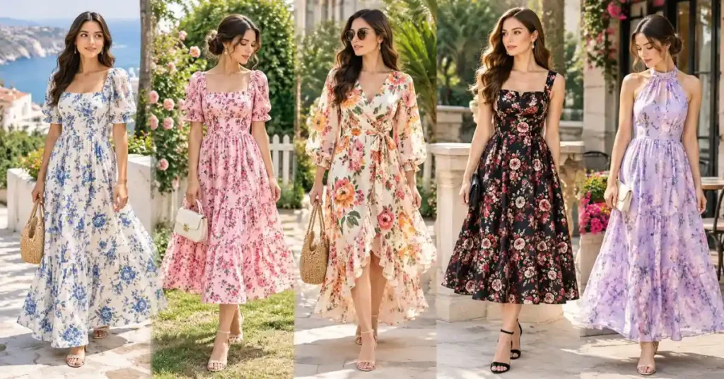 Elegant flower dresses for women in various floral prints and styles, featuring adult women modeling feminine outfits in beautiful outdoor garden and resort settings.