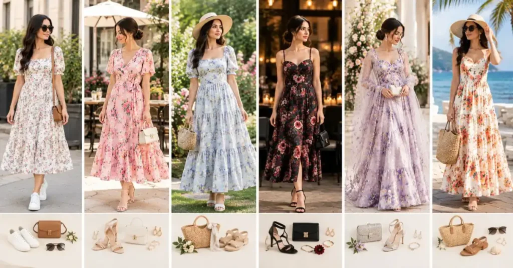 A wide editorial collage showing women wearing floral dresses styled for different occasions, including casual daytime looks, brunch outfits, garden party styles, elegant evening wear, formal celebration dresses, and relaxed vacation outfits, paired with coordinated accessories in varied outdoor and indoor settings.