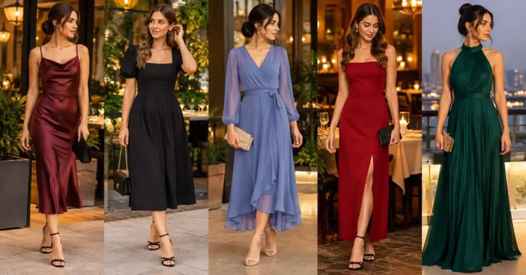 Elegant women wearing stylish going-out-to-dinner dresses in different colors and silhouettes at an upscale restaurant.