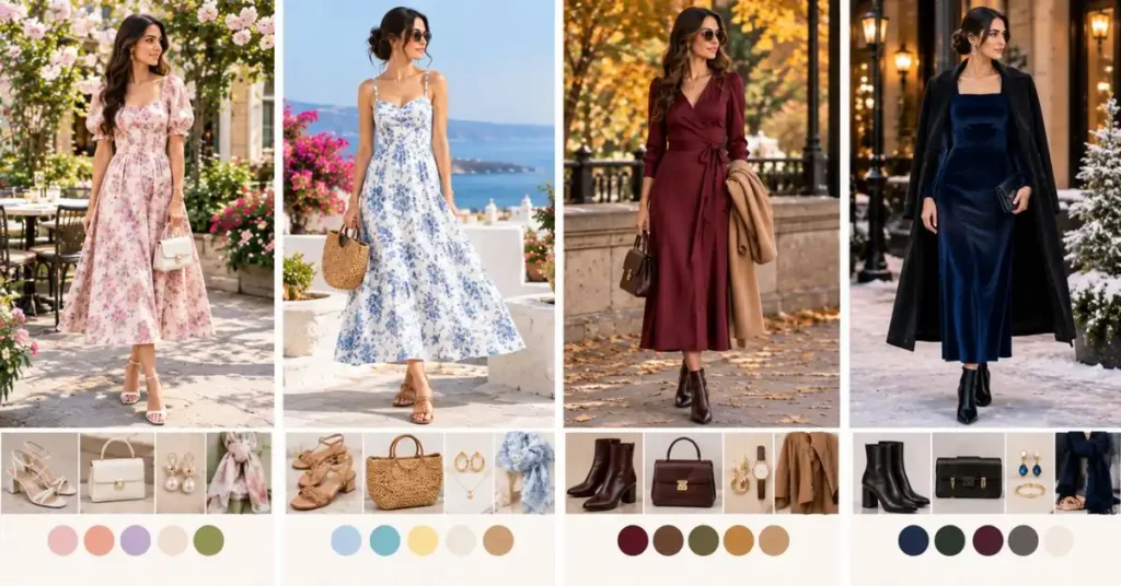 Going out to dinner dresses for different seasons, featuring elegant spring, summer, fall, and winter styles with seasonal colors, fabrics, shoes, handbags, and layering pieces.