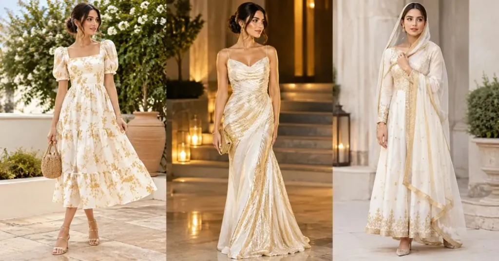 Gold and white dress styled for daytime, evening, and modest elegant occasions with sophisticated accessories.