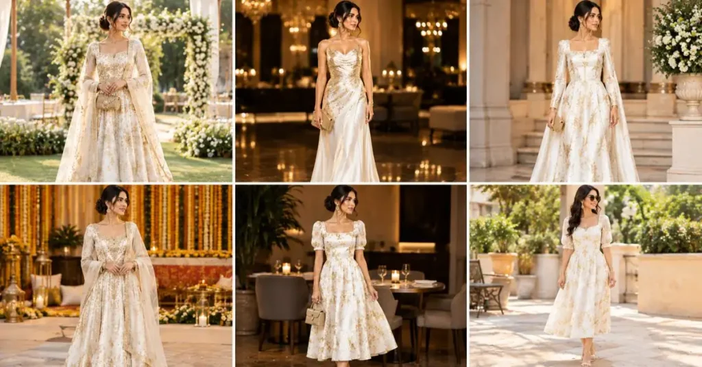 Gold and white dress ideas styled for weddings, evening parties, formal events, festive celebrations, dinners, and daytime occasions.