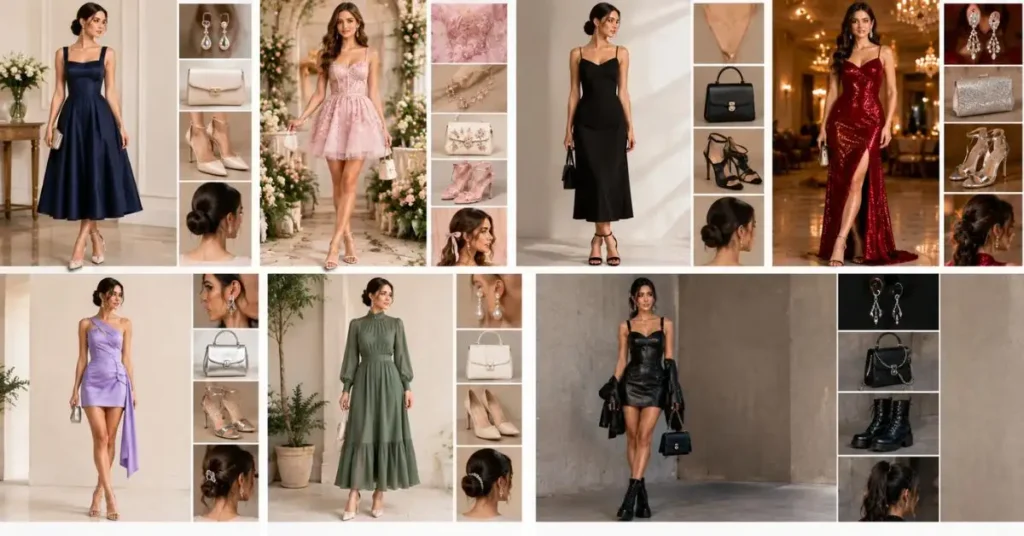 Fashion editorial collage showing hoco dress ideas for different personal styles, including classic navy, romantic pink, minimalist black, glamorous sequined, modern asymmetrical, modest sage, and edgy black looks with coordinated shoes, handbags, and jewelry.