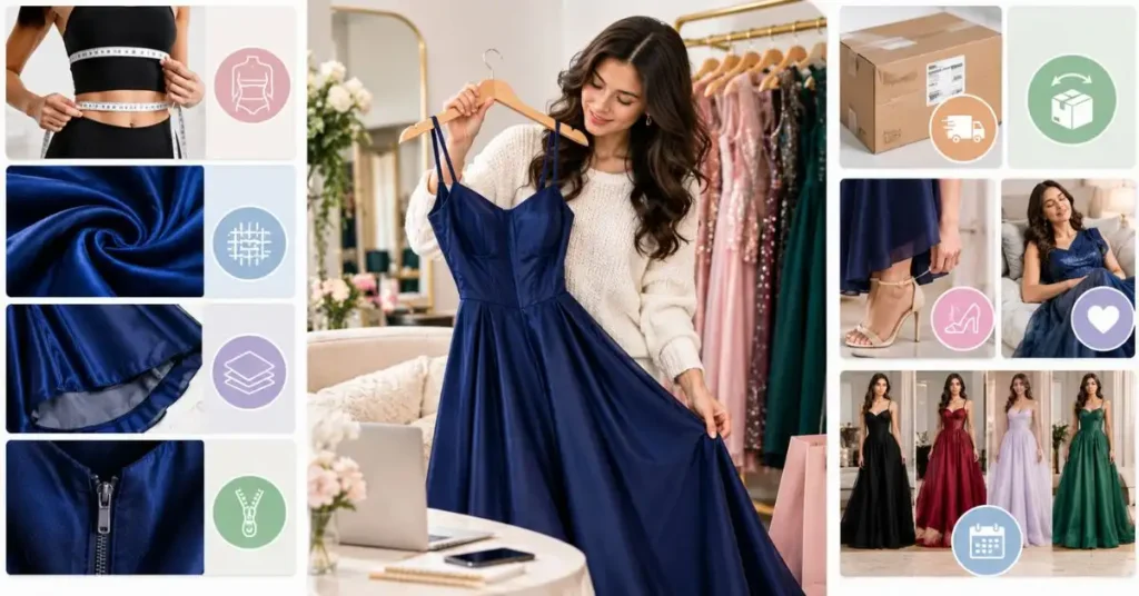 Hoco dress shopping tips showing size measurements, fabric, lining, zipper, returns, delivery, alterations, comfort, and dress code considerations.
