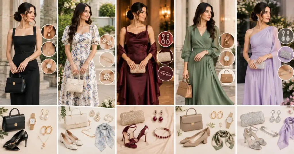 How to accessorize classy dresses for ladies with elegant jewelry, handbags, shoes, watches, and coordinated accessories without overdoing the look.