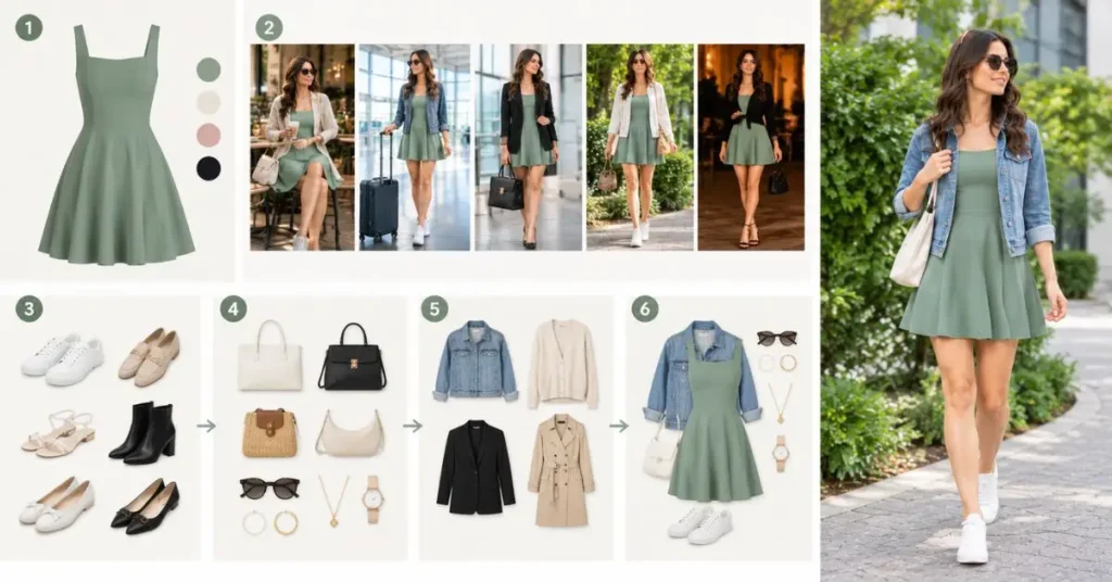 Step-by-step guide to building a complete Halara outfit with a dress, occasion-based styling, footwear, accessories, layers, and a balanced final look.