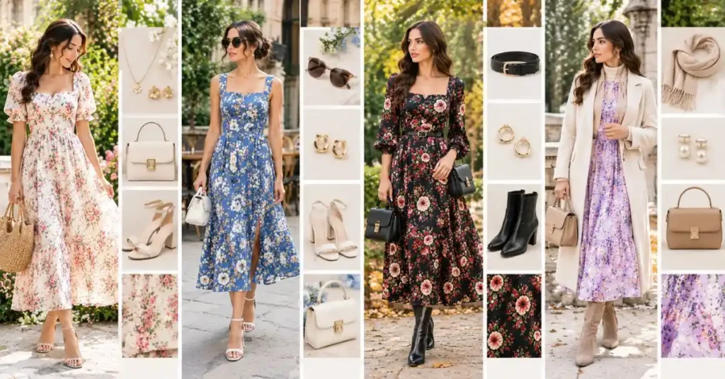 Polished floral outfits for women styled with elegant dresses, neutral shoes, handbags, delicate jewelry, belts, and seasonal layers for a coordinated and sophisticated look.