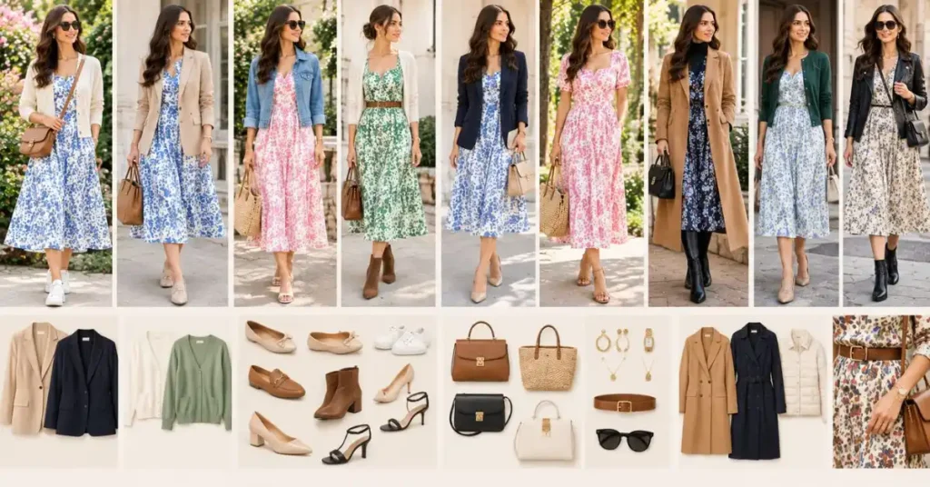 Versatile wardrobe styling featuring floral dresses paired with neutral blazers, cardigans, denim jackets, ankle boots, flats, heels, structured handbags, belts, and minimalist jewelry for creating multiple elegant outfits.