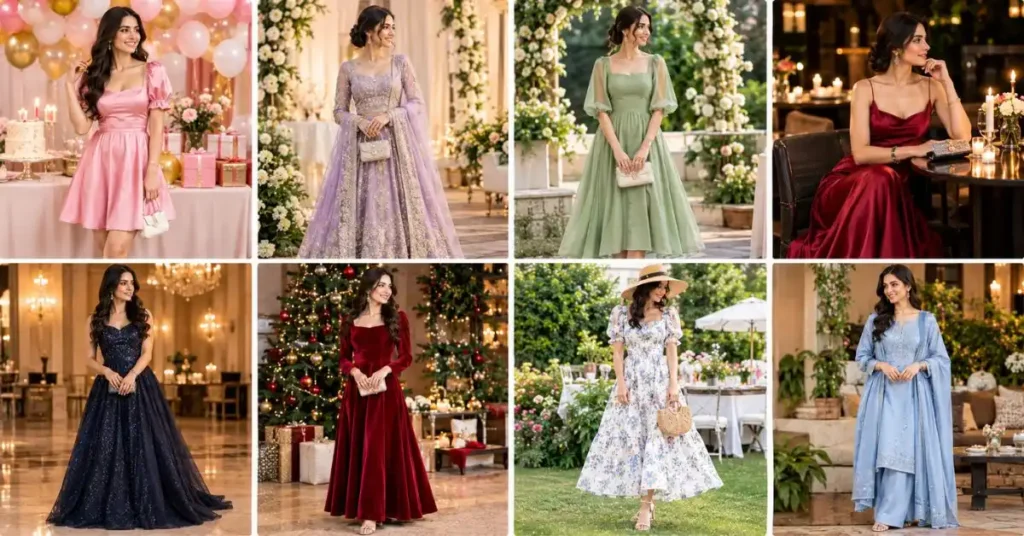 Elegant women wearing celebration dresses for different occasions, including birthdays, weddings, engagement parties, anniversary dinners, formal events, holiday celebrations, garden parties, and family gatherings.