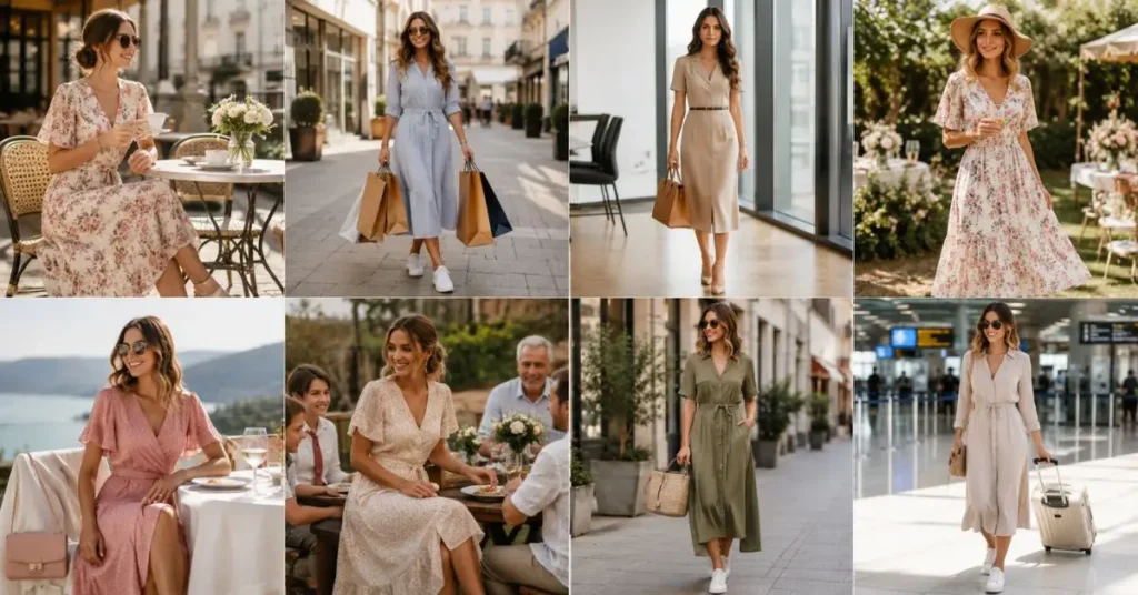 Women wearing stylish daytime dresses for brunch, shopping, office work, garden parties, lunch dates, family gatherings, weekend outings, and travel.