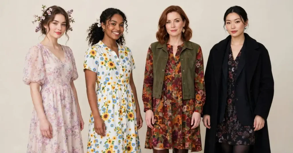 Woman wearing a seasonal floral dress styled with accessories suitable for changing weather.