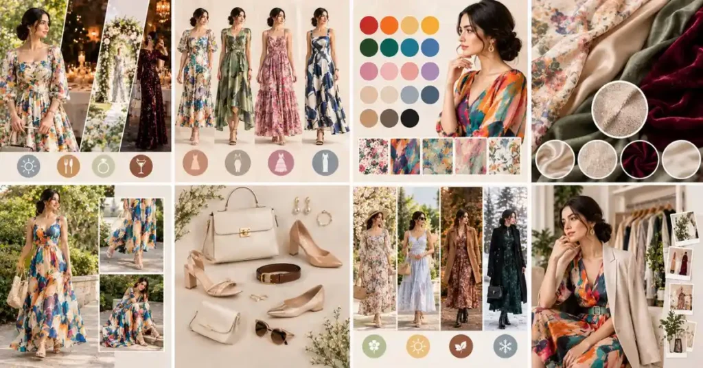 A collage showing different artistic dresses with varied silhouettes, colors, fabrics, accessories, and seasonal styling, illustrating how to choose a flattering and suitable outfit.