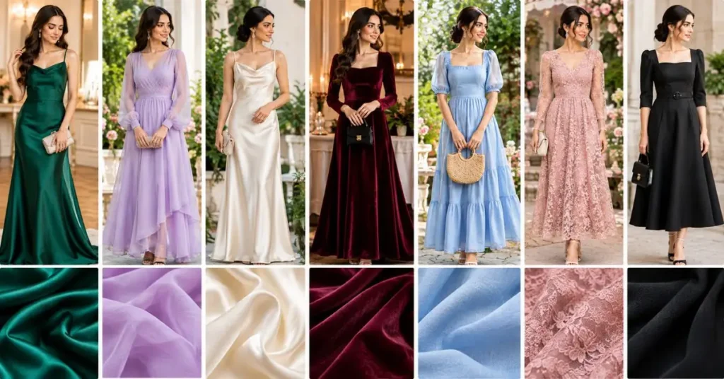 Elegant women wearing celebration dresses in satin, chiffon, silk, velvet, cotton, lace, and crepe fabrics, showcasing different textures and styles.