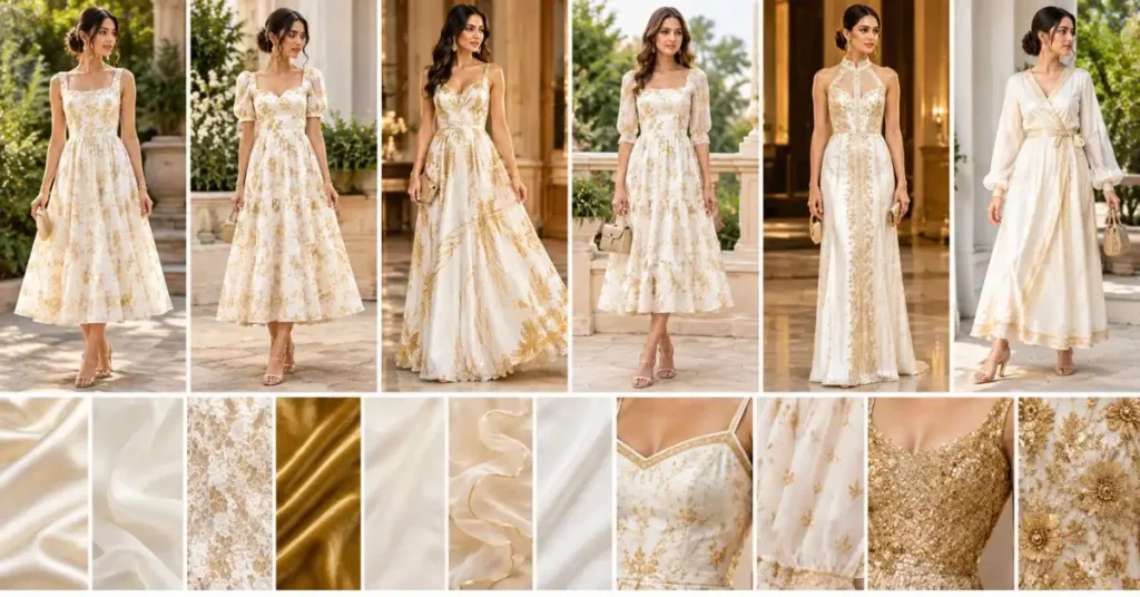 Gold and white dress accessorized with gold and pearl jewelry, elegant handbags, metallic belts, and neutral heels.