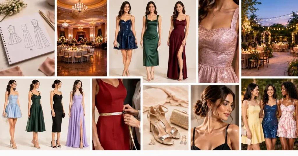 Fashion editorial collage showing women in different homecoming dresses, with examples of short, midi, and long silhouettes, elegant venues, fabric details, tailoring, shoes, accessories, and varied styles for different personalities and occasions.