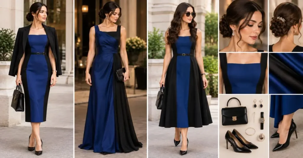 Elegant blue and black dress styled for a classy look, featuring a tailored silhouette, minimal accessories, sleek hairstyle, and refined details that create a polished and sophisticated appearance