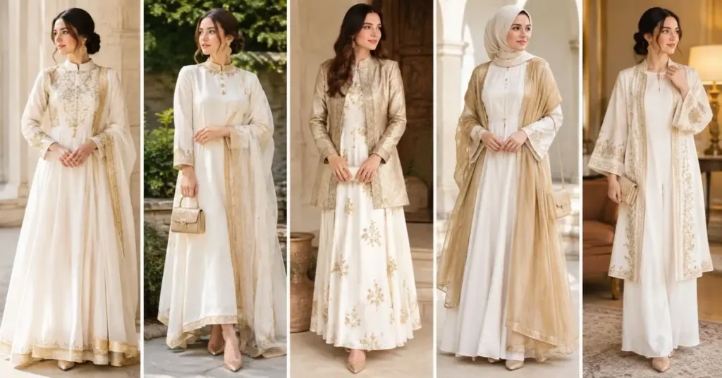 Modest gold and white outfits with long sleeves, elegant embroidery, and layered styling for a sophisticated look.