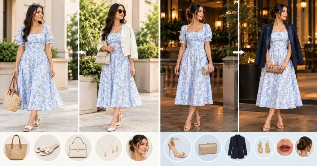 Day-to-night styling with a medium-length floral dress, transitioning from casual daytime accessories to an elegant evening look