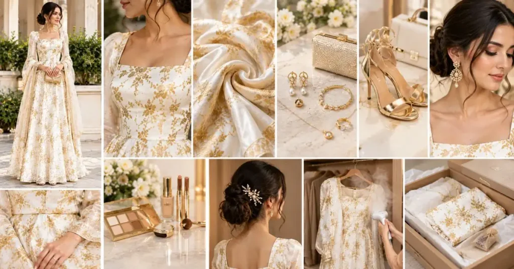 Luxurious gold and white outfit styled with quality fabrics, elegant gold accessories, metallic heels, polished beauty, and refined tailoring.