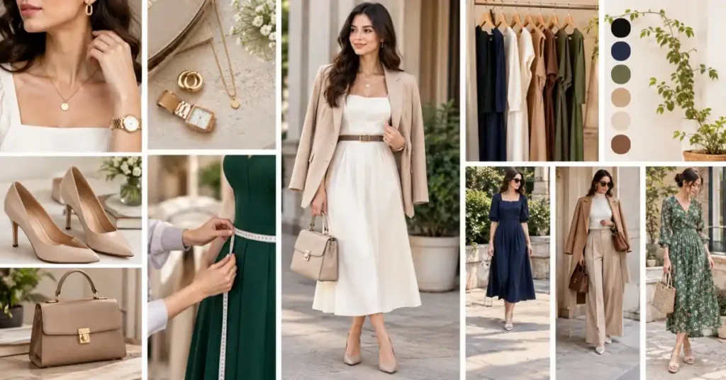 Stylish woman in affordable fashion styled with simple accessories, structured handbag, coordinated colors, clean silhouettes, and tailored pieces for an expensive-looking appearance