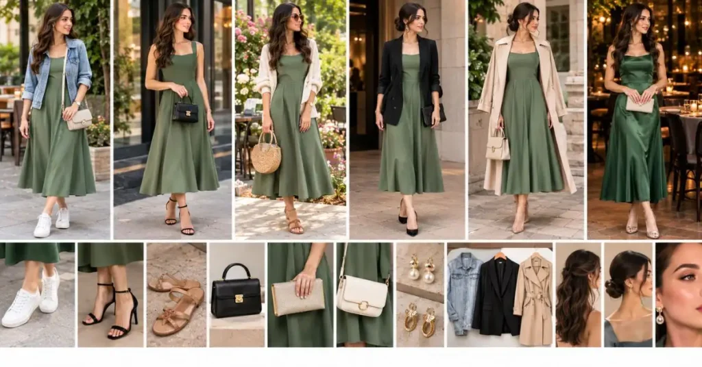 One green dinner outfit styled in different ways with heels, sandals, sneakers, handbags, jewelry, blazers, coats, and varied hairstyles for casual and elegant occasions.