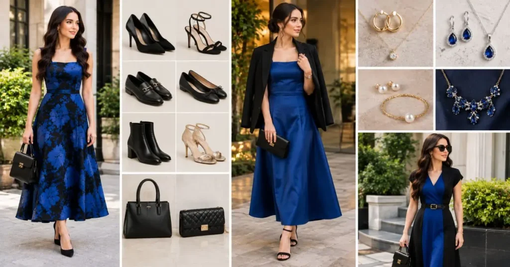 How to Style a Blue and Black Dress with Elegant Shoes, Black Handbags, and Gold and Silver Jewelry.
